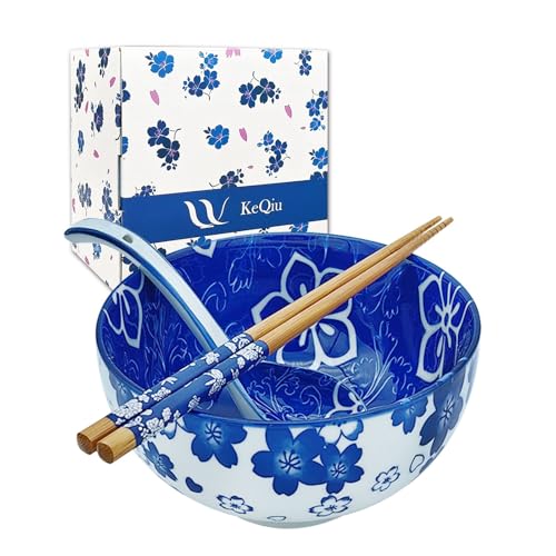 28Oz Ceramic Ramen Noodle Pho Bowl Set with Chopstick Spoon Gift Box - size: 6in Floral Pattern