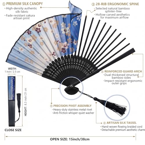 Japanese Folding Hand Fan for Women - Bamboo Silk Handheld Fan with Tassel & Pouch for Hot Flashes, Rave, Church, Gift,Wedding - Whisper-Quiet, Purse Size (Skura-Blue) - color: Skura-blue