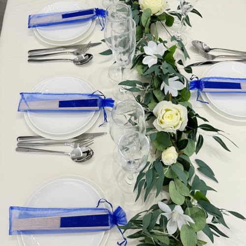 24pcs Imitated Silk Hand Fan Imitated Silk Fabric Bamboo Handheld Folded Fan Bridal Dancing Props Church Wedding Party Favors with Organza Bags (Royal Blue) - color: Royal Blue