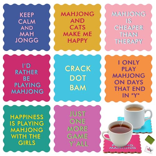 Newtay 8 Packs Mahjong Coasters 4'' Cute Wavy Edge Cork Coasters for Colorful Cups Drinks Table Protection Game Night Party Supplies Mahjong Accessories Gifts (Funny Sayings) - style: Funny Sayings