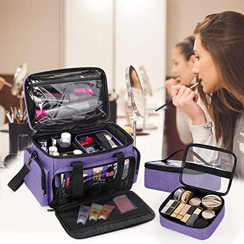 BAFASO Makeup Bag with 2 Removable Pouches and Detachable Dividers, Purple - color: Purple