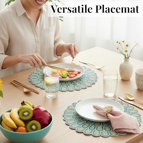 13 inch Round Beads Placemats Handcrafted Glass Beaded Polyester Table Mats - Place Mats for Harvest Autumn Kitchen Dining Party Table Decor Festival Everyday Use (Green White) - ALPHA Living HOME - color: Teal Light Ivory, size: Set of 1