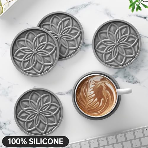 HFHOME Silicone Coasters Set for Drinks - 6 Pack With Holder, Table Cup Mat for Coffee Table, Desk, Bar - Home Decor Tabletop Protection Gift - Gray - color: Dark Gray