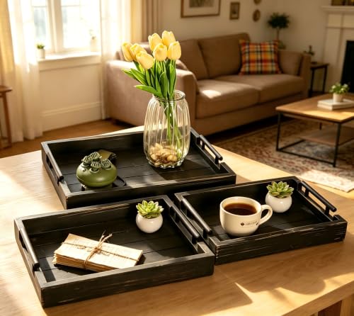 3Pc Rustic Black Vintage Nested Wood Serving Trays, Decorative - color: Rustic Black, size: 3Pc
