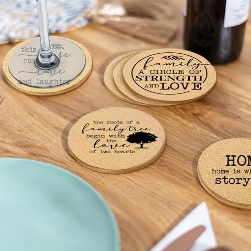Coasters for Drinks with Holder Set of 6, Family Coasters Home&Love Coaster for New Home Couples House Warming Gifts Absorbent Cork Wood for Cup Desk Coffee Table Office Kitchen Decor, Round 4" - color: Home&love