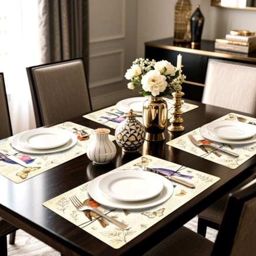 Peacoblue Placemats Set of 4,Faux Leather Vintage Bird Design - style: Vintage Bird