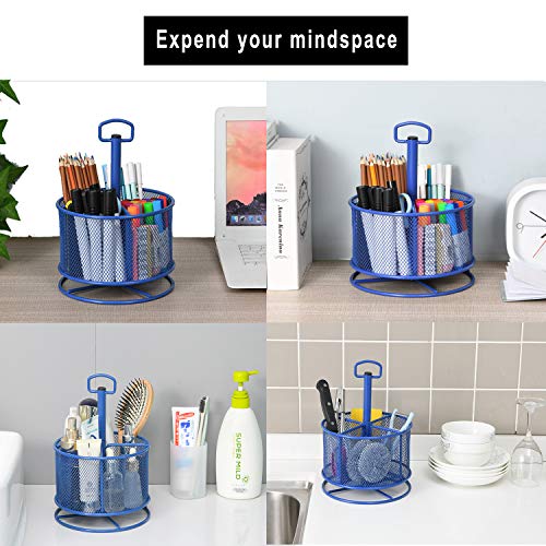 Marbrasse Mesh Desk Organizer, 360-Degree Rotating Multi-Functional Pen Holder, 4 Compartments Desktop Stationary Organizer, Home Office Art Supply Storage Box Caddy (Blue) - color: Blue