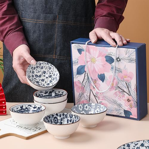 Rice Bowls 10oz, Japanese Style Bowls Set of 6 with Gift Box - Blue and White Ceramic Bowls for Soup, Dessert, Ice Cream, Snack - Kitchen Gifts for Women (Blue and White) - color: Japanese B (6 bowls)