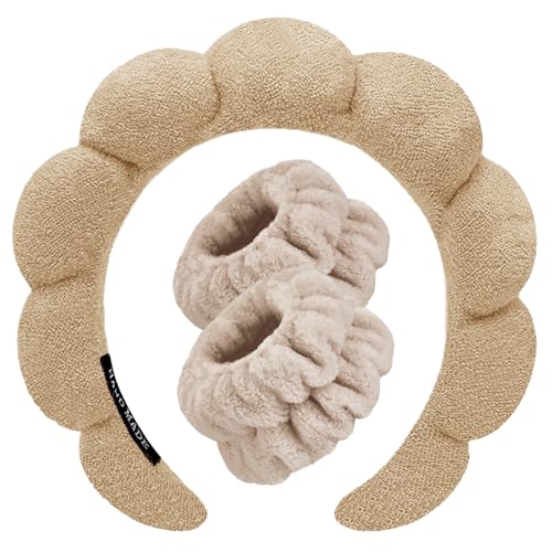 Spa Headbands for Washing Face Wristband Set Sponge Makeup Skincare Headband Wrist Towels Bubble Soft Terry Towel Cloth Hairband for Women Puffy Headwear Non Slip Thick Thin Hair Headwear (Coffee) - color: Coffee