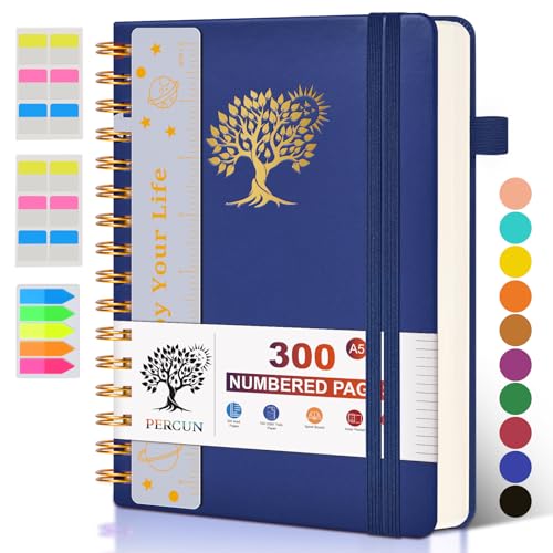 PERCUN Spiral Notebook 300 Numbered Lined Pages Hardcover Journal 5.9"x8.5" - color: Navy, size: A5 size (5.9in x 8.5in)