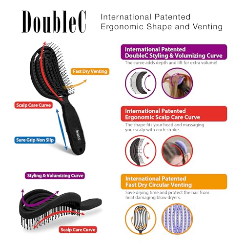 NuWay® DoubleC® Scalp Care Hair Brush – Patented Double Curve Design for Scalp Massage, Vented Blow-Dry Styling, Wet & Dry Hair, All Hair Types (Iron Black) - color: Iron Black