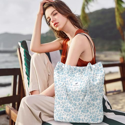 Ayieyill Corduroy Tote Bag for Women Canvas Shoulder Cord Purse with Inner Pocket - color: Blue/Flower