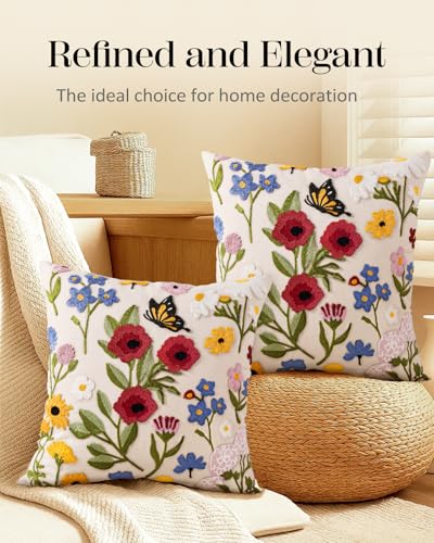 Embroidered Throw Pillow Covers 18x18 Inch, 2Pack, Retro Flower - color: Retro Flower, size: 18" x 18" (Pack of 2)
