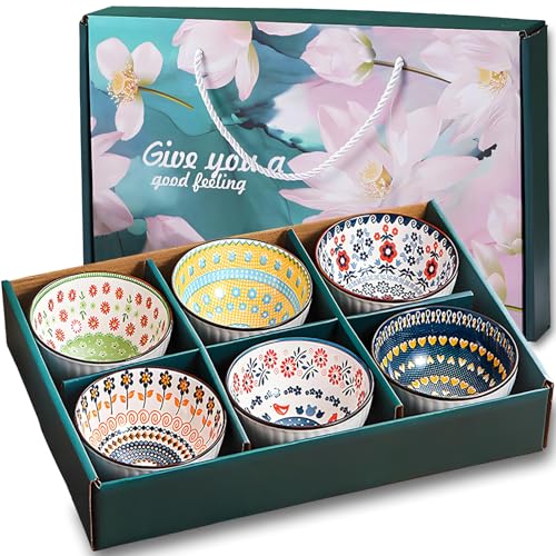 Rice Bowls 10oz, Japanese Style Bowls Set of 6 with Gift Box - Ceramic Bowls for Soup, Dessert, Ice Cream, Snack - Kitchen Gifts for Women Christmas Gift - color: Country (6 bowls)