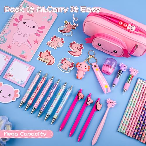 Ulema 84Pcs Cute Axolotl Stationery Set Kawaii Birthday Gifts for Boys Girls Back to School and Classroom Rewards Office Supplies with Axolotl Stuff. - style: Axolotl