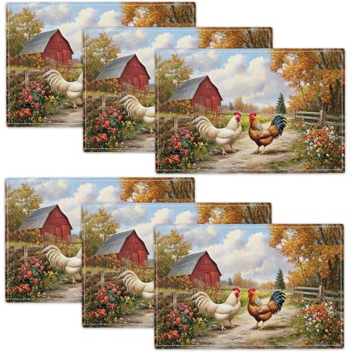 Farmhouse Rooster Placemats Set of 6, Farm Chicken Place Mats, Rustic Farm Coop Waterproof Washable Table Mats for Home Party Indoor Kitchen Dining Table Decoration 12x18 Inch - color: Rooster, size: Set of 6