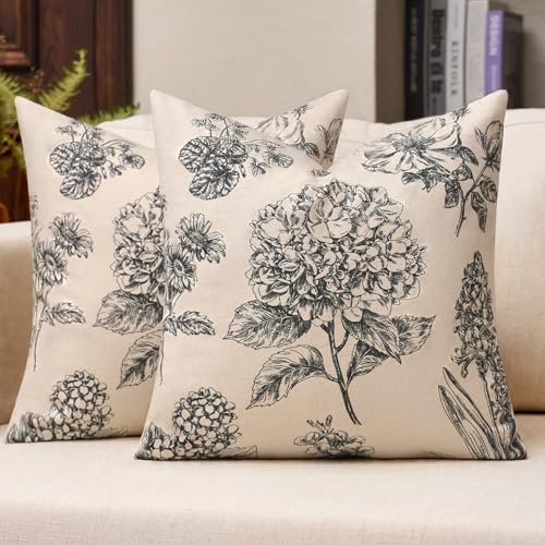 Kevin Textile Hydrangea Floral Pillow Covers Set of 2 18x18 Inch, Black - color: Black