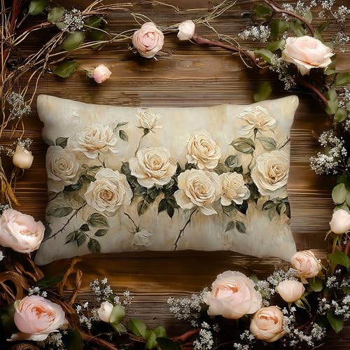 French Country Rose Floral Pillow Cover 12x20 Double-Sided, Vintage Cream Flower Decorative Lumbar Throw Pillow Cover for Home Bedroom Living Room - color: A-rose-3, size: 20" x 12" (Pack of 1)