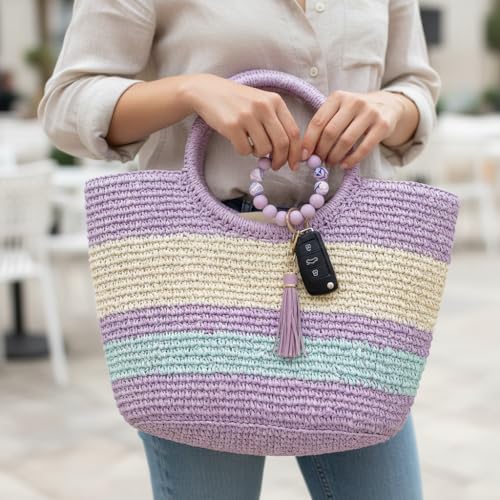BIHRTC Key Ring Bracelet Car Keychain Holder Wristlet Silicone Women Beaded Bangle Chains - color: Purple Demon Eye