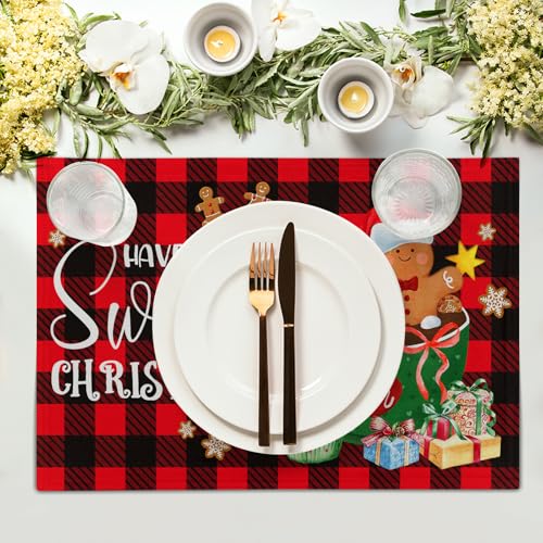 Giwawa Gingerbread Placemats Set of 4, Have A Sweet Christmas Red Black Buffalo Plaids Place Mat, Winter Hot Cocoa Cookie Table Mats 12"x18" for Kitchen Dining Holiday Party Decor - color: Gingerbread