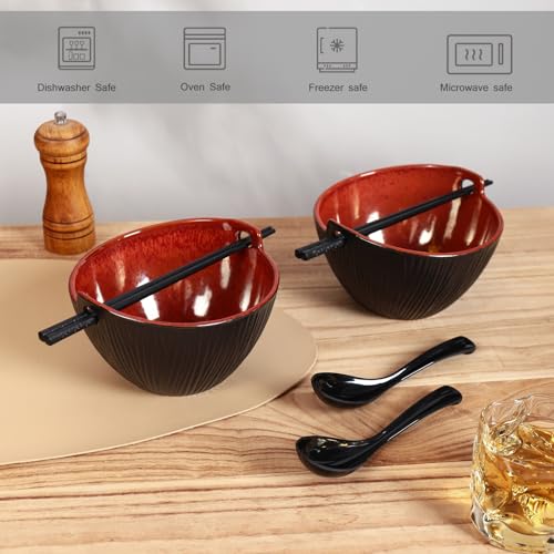 Ceramic Ramen Bowl with Chopsticks,6.7 Inch Noodle Bowls,Pho Bowls and Spoons Set,Japanese Bowl for Pho,Udon,Soba,Noodle,Microwave Safe,Set of 2 (Burnt Red) - color: Burnt Red