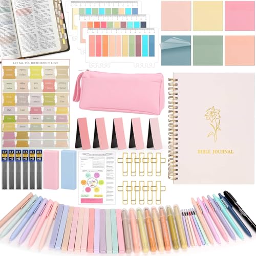 Flasoo 106 Pack Bible Study Supplies Journaling Kit for Women, Church Journal Note Taking Annotation Kit, Tabs and Highlighters Set with Pencil Case and More Bible Accessories Christian Gift - color: pink