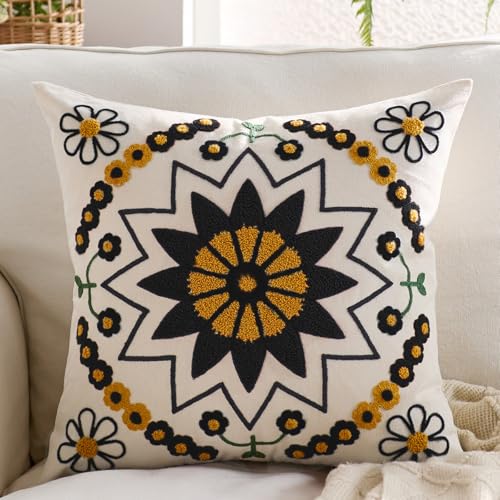 Embroidered Floral Throw Pillow Cover 18x18 Set of 1 Black Orange - color: Black Orange, size: 18" x 18" (Pack of 1)