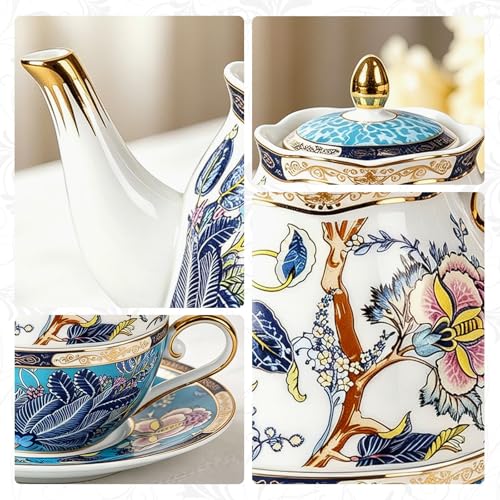 KAMMAK Tea for One Set, Ceramic Teapot, Bone China Tea Set, Cup and Saucer - color: Blue-GH05