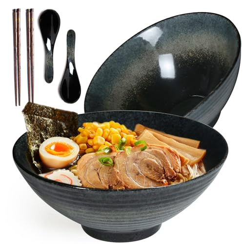 40 oz Ceramic Ramen Bowl Set of 2, Ramen Noodle Bowl with Spoons and Chopsticks 8 Inch Japanese Retro Style Large Soup, Pho, Udon Bowls, Microwave & Dishwasher Safe, Black - color: Black