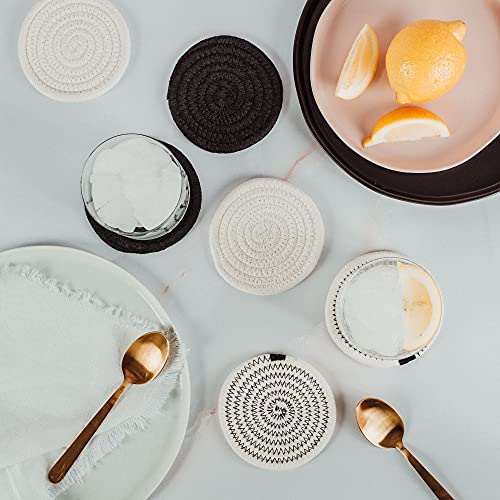 OrganiHaus Drink Coasters Set of 6, Absorbent Cotton Woven Cup Coasters, Rustic Farmhouse Boho Decor for Coffee Table and Drinks Protection, Cute Coaster for Drinks - Black/Off-White - color: Black/Stitches/White