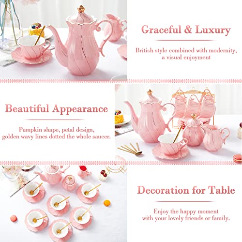 DUJUST 22 pcs Porcelain Tea Set for 6, Luxury British Style Tea/Coffee Cup Set with Golden Trim, Beautiful Tea Set for Women, Tea Party Set, Gift Package (With a Stand) - Pink - color: Princess Pink