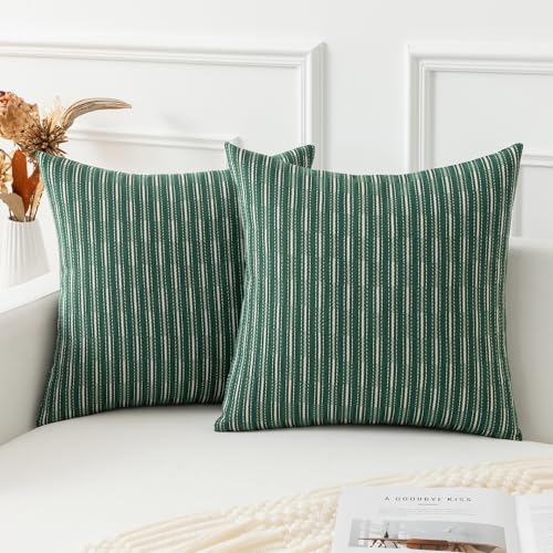 Kevin Textile 18x18 Pillow Covers, Boho Woven Texture Square Throw Pillow Covers Set of 2, Linen Decorative Burlap Pillow Cases for Couch Bedroom Living Room, Dark Green - color: A-dark Green, size: 18" x 18" (Pack of 2)