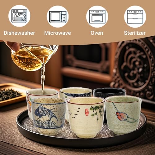 6 Pieces Japanese Tea Cups, 6 Oz Ceramic Coffee Cup with Good Heat Retention, No Handle Teacup Matcha Mug for Latte, Juice, Gift, Dishwasher Safe (Pack of 4) - size: 3’’D x 2.8’’H (Pack of 4)