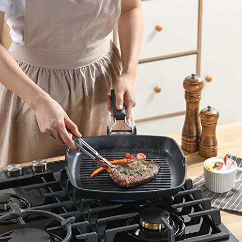 S·KITCHN Grill Pan with Folding Handle, Nonstick Grilling Pan for Stove Tops, Induction Compatible Square KBBQ Pan with Pour Spouts - 9IN - size: 9 IN