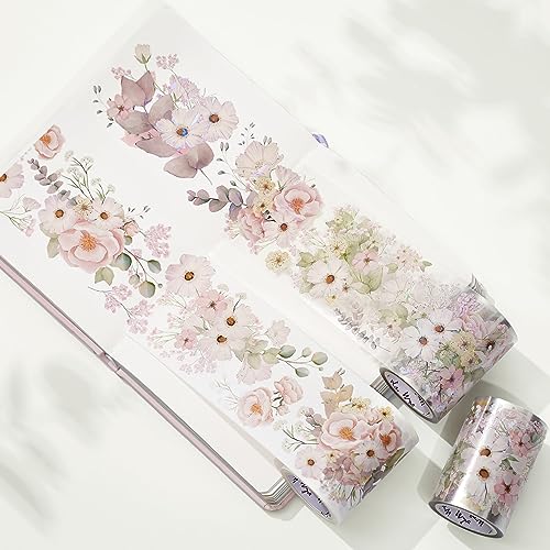WT Blush Wide PET Tape, Single Roll, Original Designs, Watercolor Pink Floral Decorative Tape, Transparent Adhesive for Journaling, Scrapbooking, Bujo Planner DIY Craft Supplies - color: WT Blush Wide PET Tape
