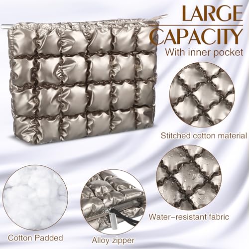 Hillban Champaign Gold Puffy Quilted Makeup Bag for Women Gift, Classic - color: Champaign Gold, size: Classic