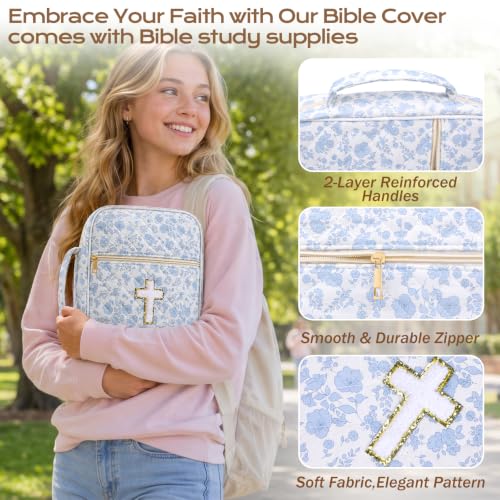 XKDOUS Bible Cover Case for Women Bible Bag Journaling Kit w/Study Supplies - color: Blue Rose With Cross, size: Large
