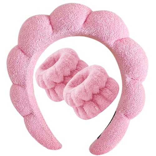 Beleki Spa Headband for Washing Face, Pink Sponge Face Wash Headband and Wristband Set for Makeup Skincare Headbands Puffy Non Slip Headwear Hair Accessories for Women Girls - color: Pink