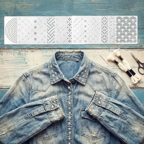 10 Pcs 5.1 Inch Plastic Sashiko Stencil Kit - Geometric Sashiko Pattern Template Drawing Line Quilting Stencil with Sewing Thimble Finger Protector, Embroidery Pattern Stabilizer for Hand Quilting