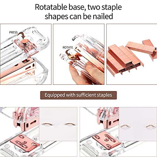 Office Supplies Set Desk Accessory Kit, Acrylic Stapler Set Staple Remover, Tape Dispenser, Binder Clips, Paper Clips, Ballpoint Pen and Scissor with 1000 Pieces 26/6 Staples (Rose Gold) - color: Rose Gold