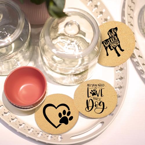 Coasters for Drinks with Set of 6, Cute Dog Coaster for New Home Couples House Warming Gifts Absorbent Paw Cork Wood Bulk for Cup Desk Coffee Table Office Kitchen Decor, Round 4" - color: Dog