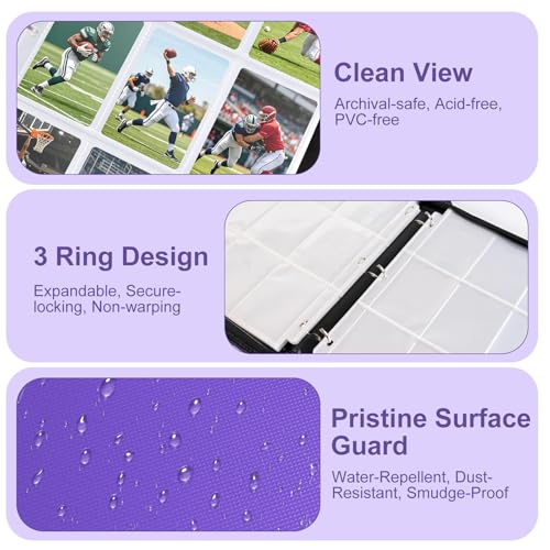 50 Pack 9 Pocket Card Binder, 3 Ring Premium Zip Trading Card Binder, 900 Large Capacity Top Loading Card Storage Album, PU Card Collection Binder for TCG, MTG, Baseball Hockey Sport Cards, Purple - color: Purple