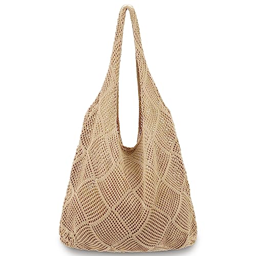 hatisan Crochet Bag for Women, Handmade Knit Beach Tote Bag Summer - color: A-khaki