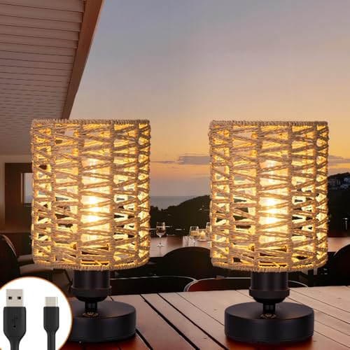 Cordless Outdoor Table Lamps, Small Rattan Boho, Rechargeable Battery Operated for Outdoor Patio, Home, Living Room, Bedroom, Bedside - Set of 2 (Beige-B) - color: Beige-B