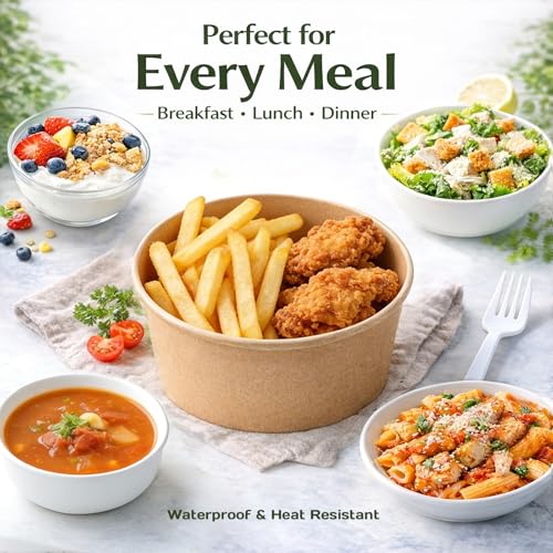 TOPtoper 43Oz 50Pcs Paper Bowls with Lids and Forks | Heavy Duty, Kraft Paper, Soak-Proof, For Hot/Cold Food, Disposable Meal Prep Containers - size: 43 OZ