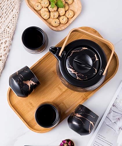 Serve of 4-Marble Porcelain Teapot Set with Infuser for Loose Tea, Black - color: Black