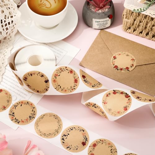 Whaline 500 Pcs Spring Kraft Label Stickers Roll Tag Stickers Watercolor Flower Wreath Self-Adhesive Decals for Holiday Invitation Envelope Decor, 6 Designs, 2 Inch