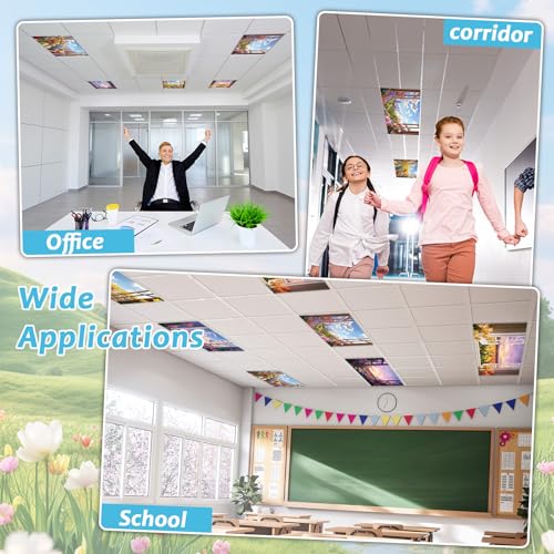 Wiooffen 6 Pcs Fluorescent Light Covers with 60 Magnets Decorative for Classroom Ceiling Light 4 x 2 Feet Magnetic Light Covers Filter Easy Install for Office Hospitals & Home(Flower Window View) - color: Flower Window View