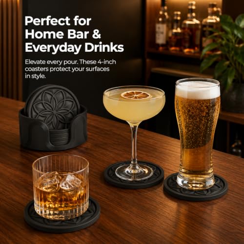 HFHOME Silicone Coasters Set with Holder - 6 Pack Drink Coasters for Coffee Table, Bar, Desk - Tabletop Protection Gift - Black - color: Pure Black