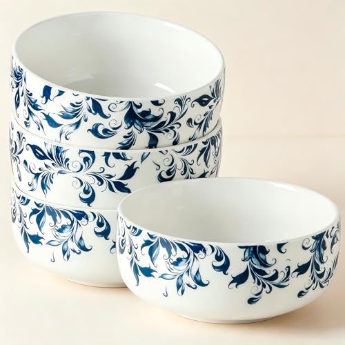 Blue Ceramic Bowl Large Cereal Bowls Set of 4 with Japanese Floral Pattern - color: 4PC white and blue 5
